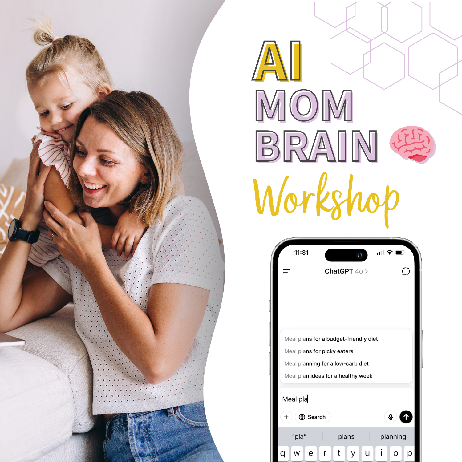 The AI mom Brain Workshop, a mom and toddler cuddling.