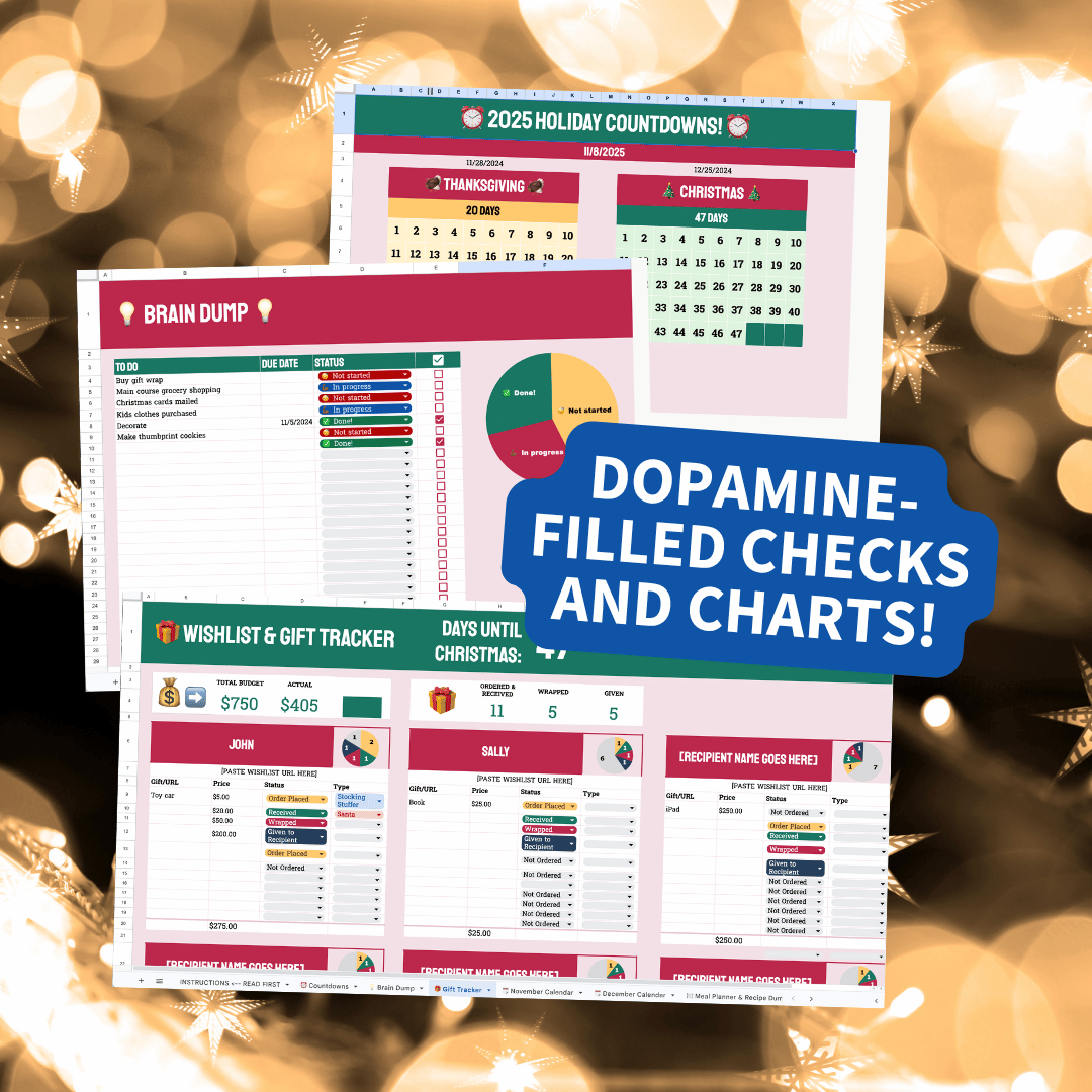 Three sheets of paper with checklists and charts on a festive background with lights.