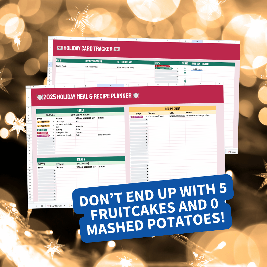 Two holiday planning sheets with a festive background and text overlay.