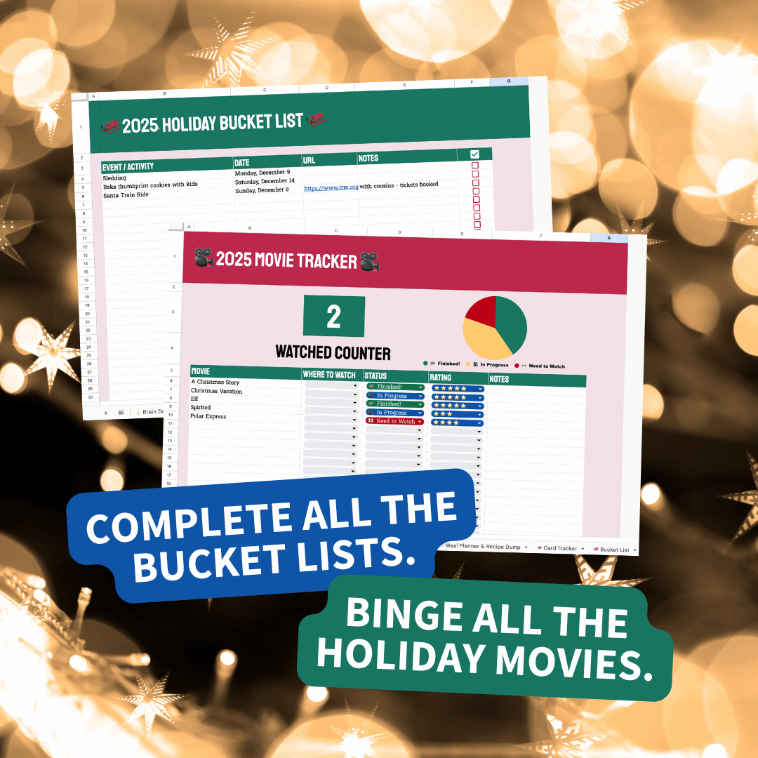Two holiday-themed screens with bucket list and movie tracker on a festive background.