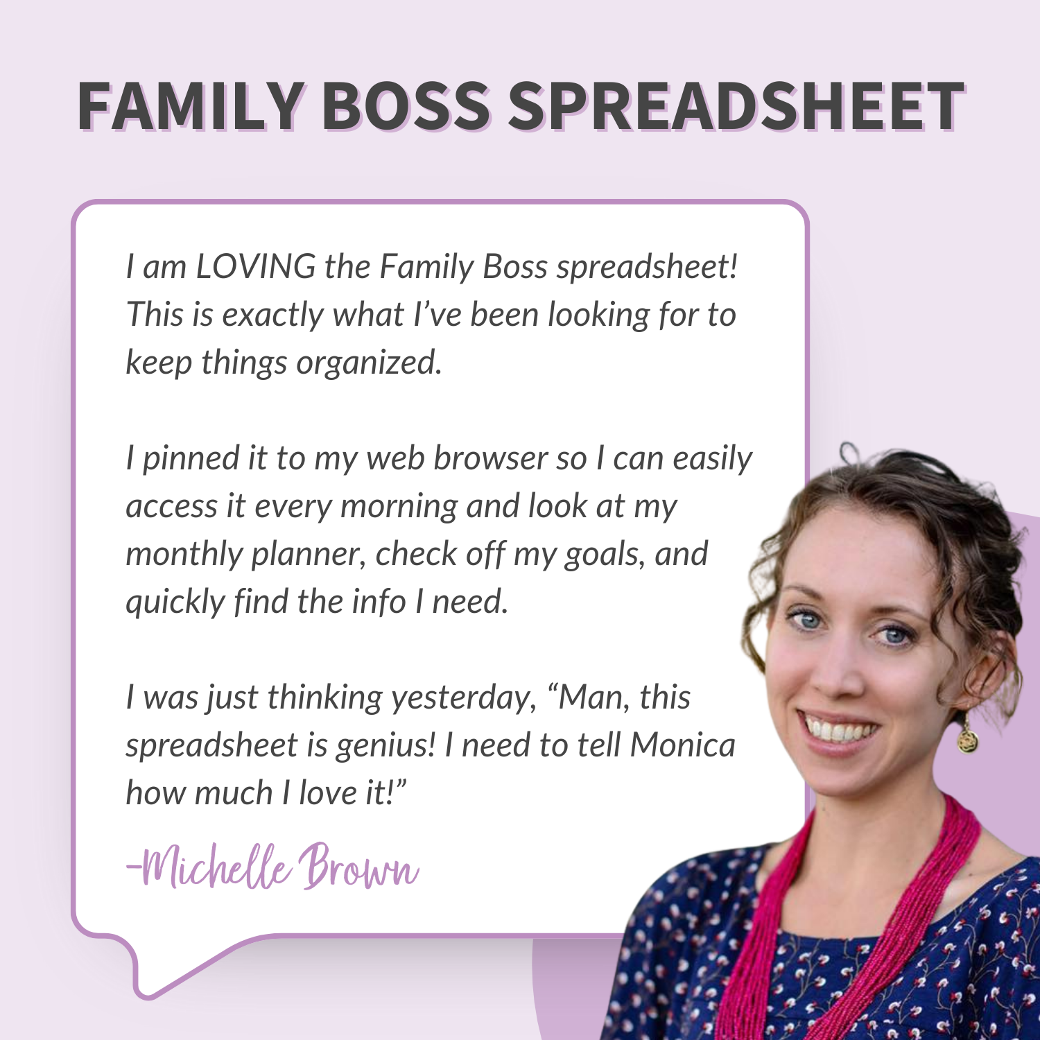 Family Boss Spreadsheet Testimonial from Michelle Brown