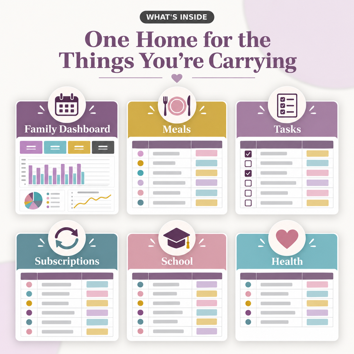 What's inside the Family Boss Spreadsheet 2.0: Family Dashboard, Meals, Tasks, Subscriptions, School, and Health.