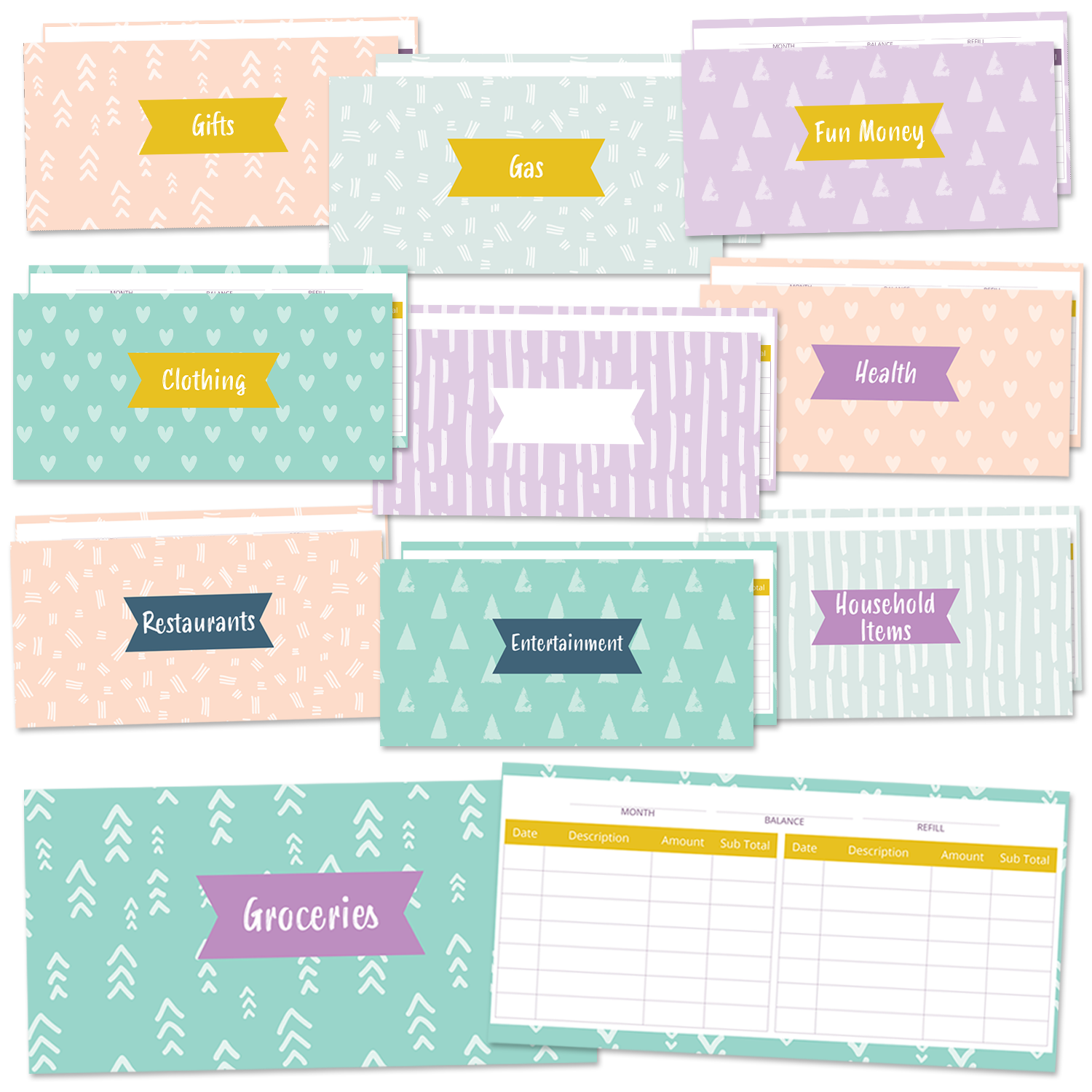 10-pack of cash envelopes to help you easily manage your money with fun and unique designs