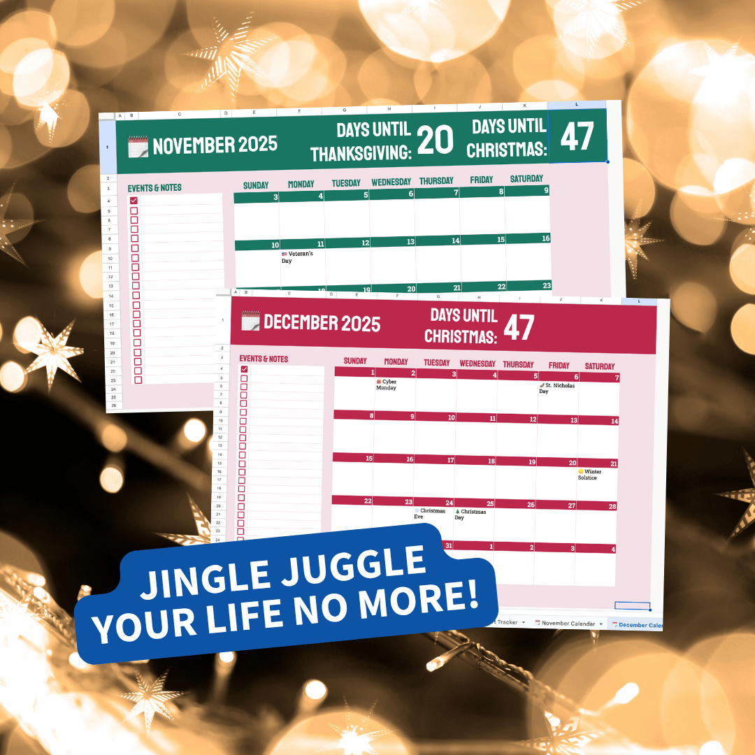 Two calendar sheets for November and December 2025 with festive lights in the background.
