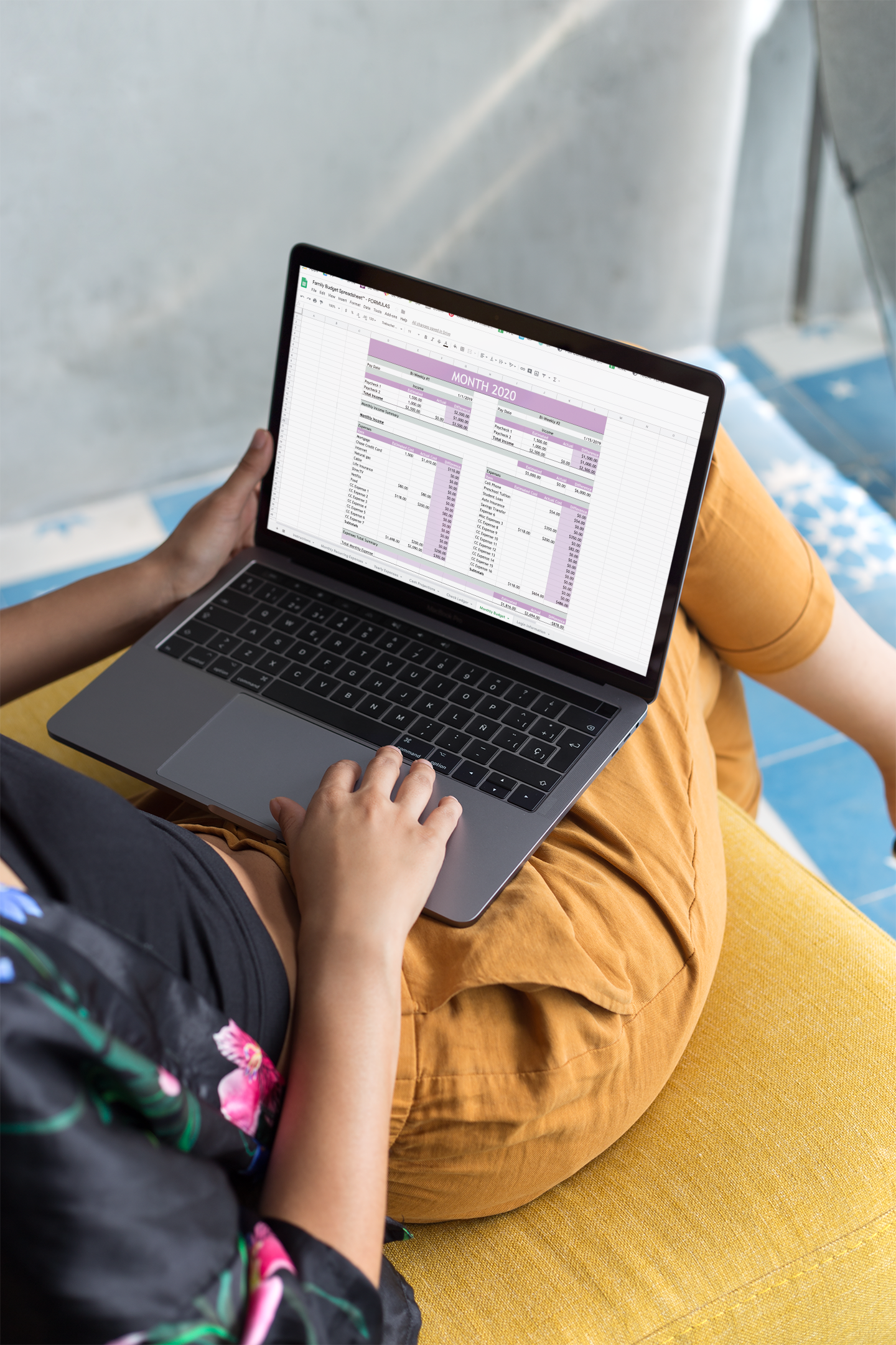mockup of woman using the best family budget spreadsheet template for Google sheets
