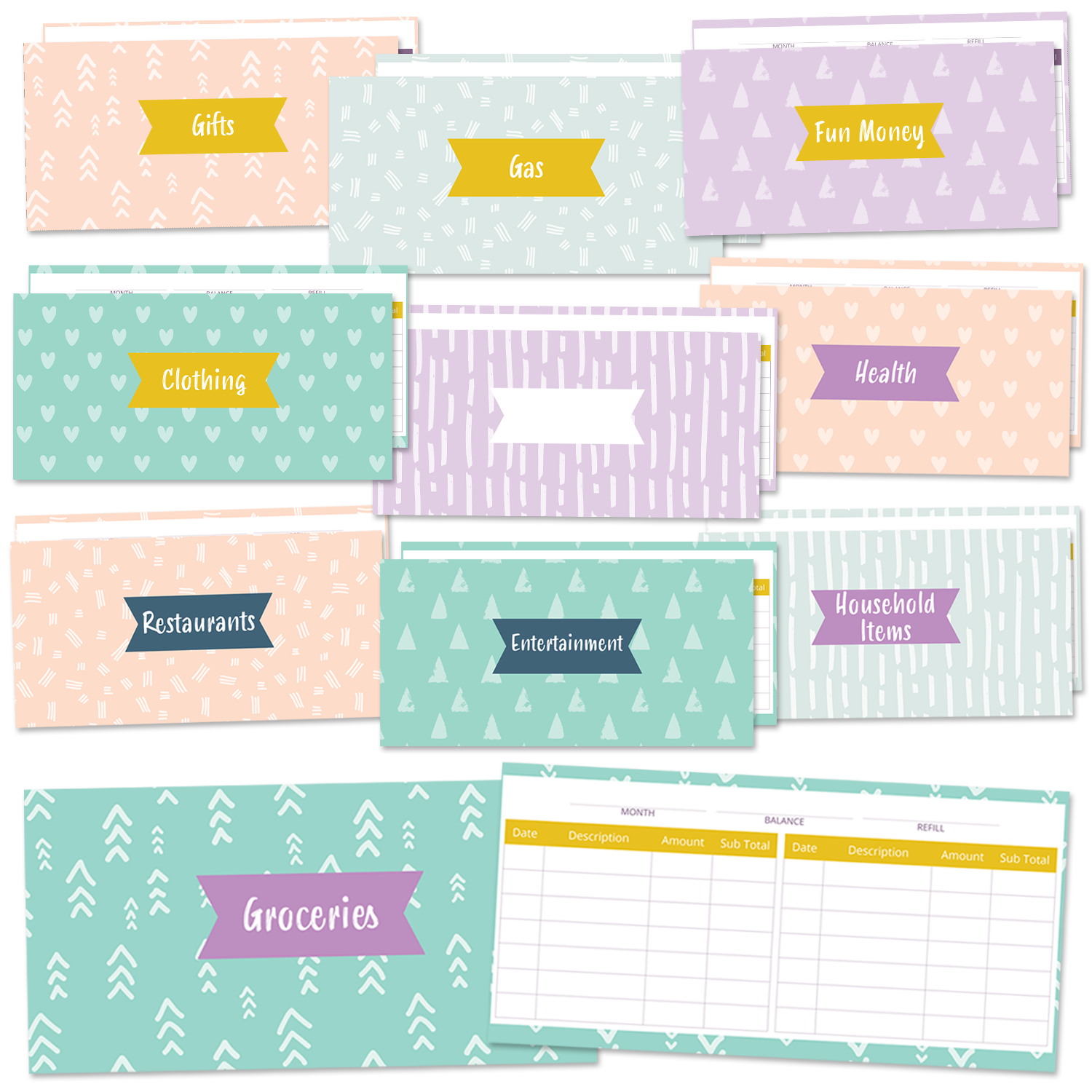 10-pack of cash envelopes to help you easily manage your money  with fun and unique designs